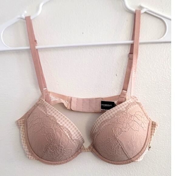 Emporio Armani Padded Push-Up Floral Lace Gingham Bra Tan 34B - Picture 1 of 11